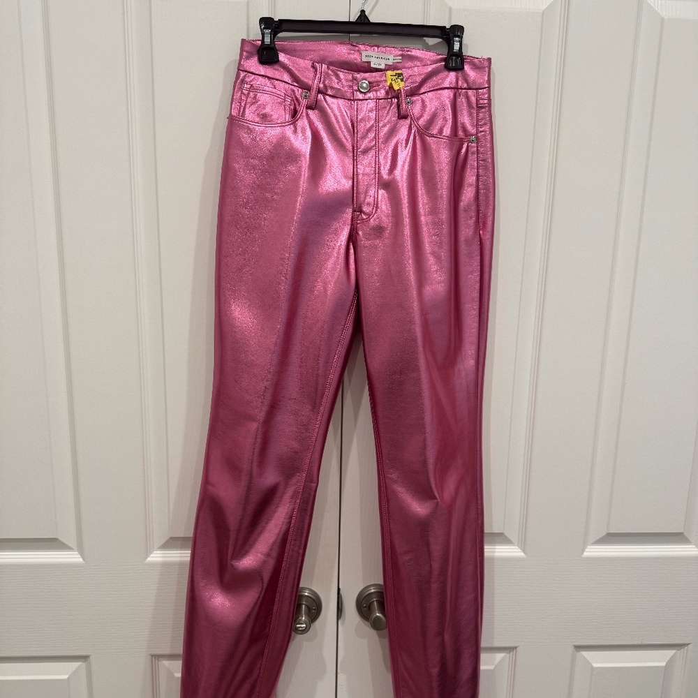 Good American Icon High Rise Straight Faux Leather Jeans in Powder Pink Metallic - Picture 2 of 4